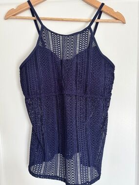 NWT Turquoise Couture Navy Crochet Mesh Tankini Top Women’s Size Large